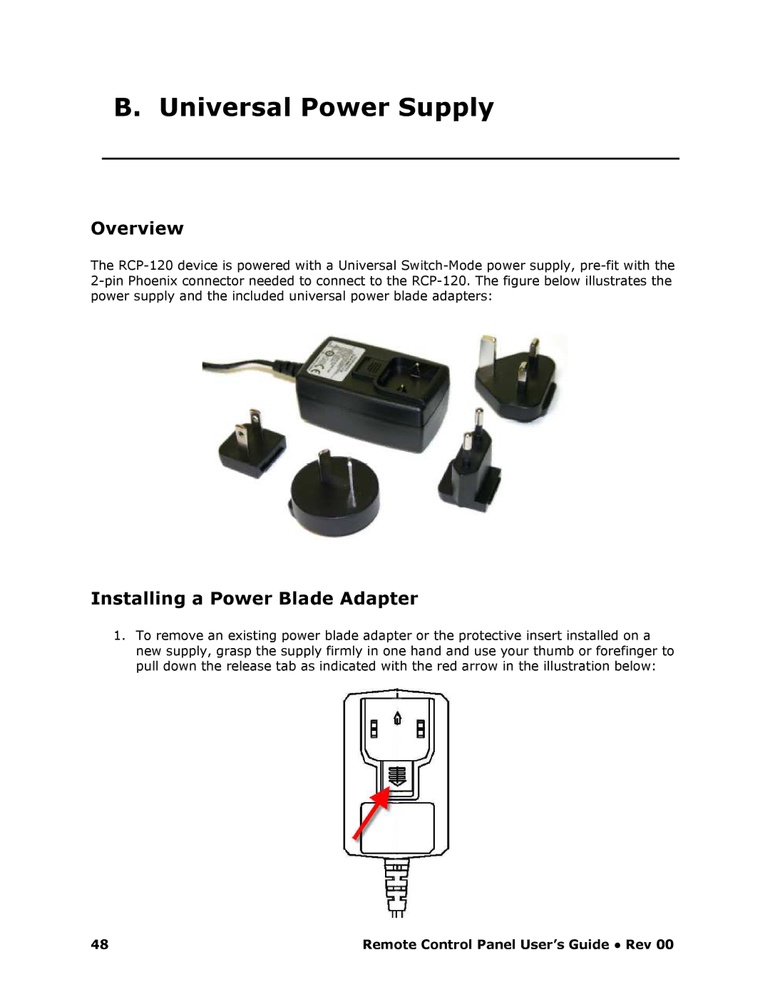 Barco RCP-120 manual Universal Power Supply, Installing a Power Blade Adapter 