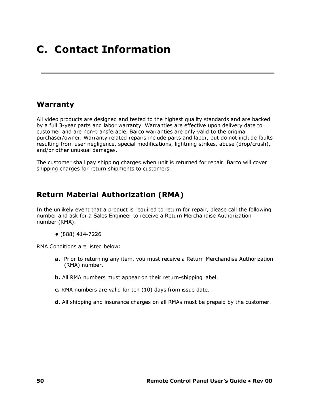 Barco RCP-120 manual Contact Information, Warranty, Return Material Authorization RMA 