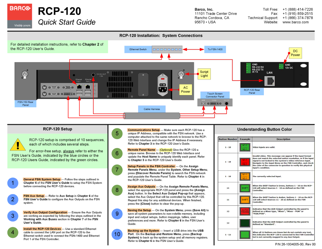 Barco RCP120 quick start Quick Start Guide, RCP-120 Installation System Connections, RCP-120 Setup 