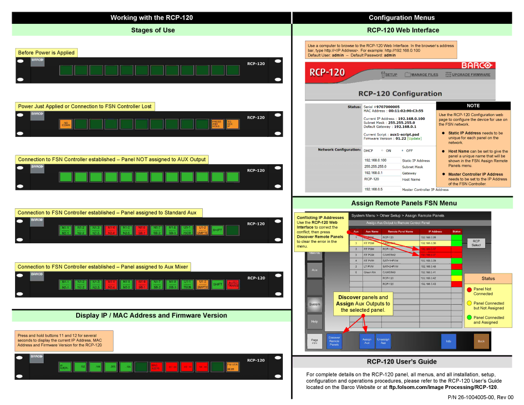 Barco RCP120 quick start Working with the RCP-120, Configuration Menus 