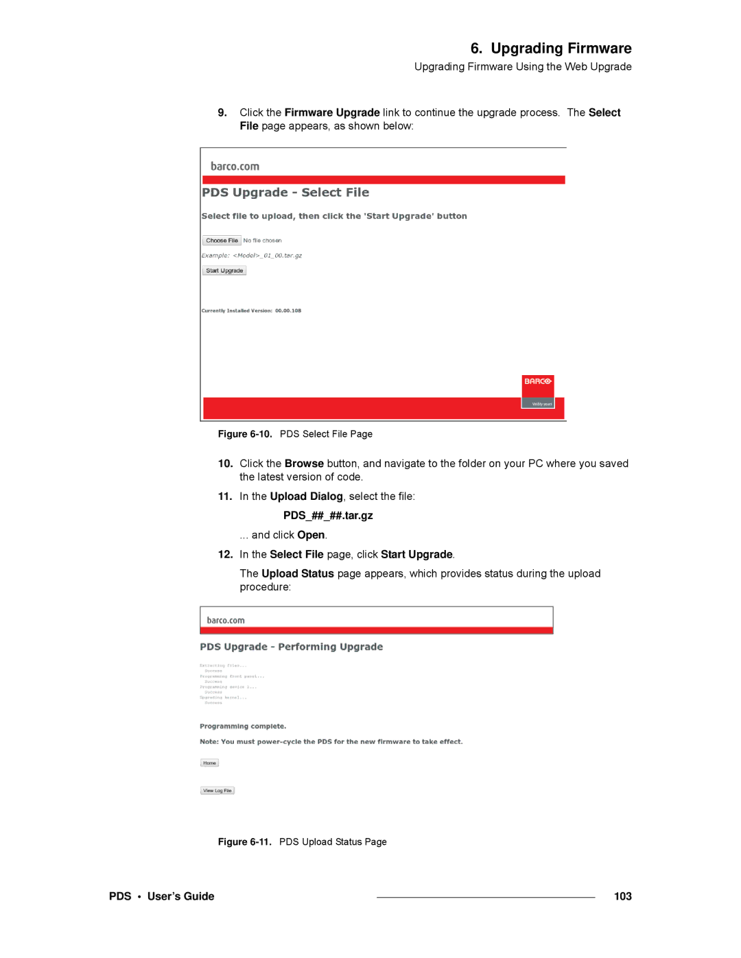 Barco SJ/T 11363-2006 manual PDS####.tar.gz, Select File page, click Start Upgrade, PDS User’s Guide 103 
