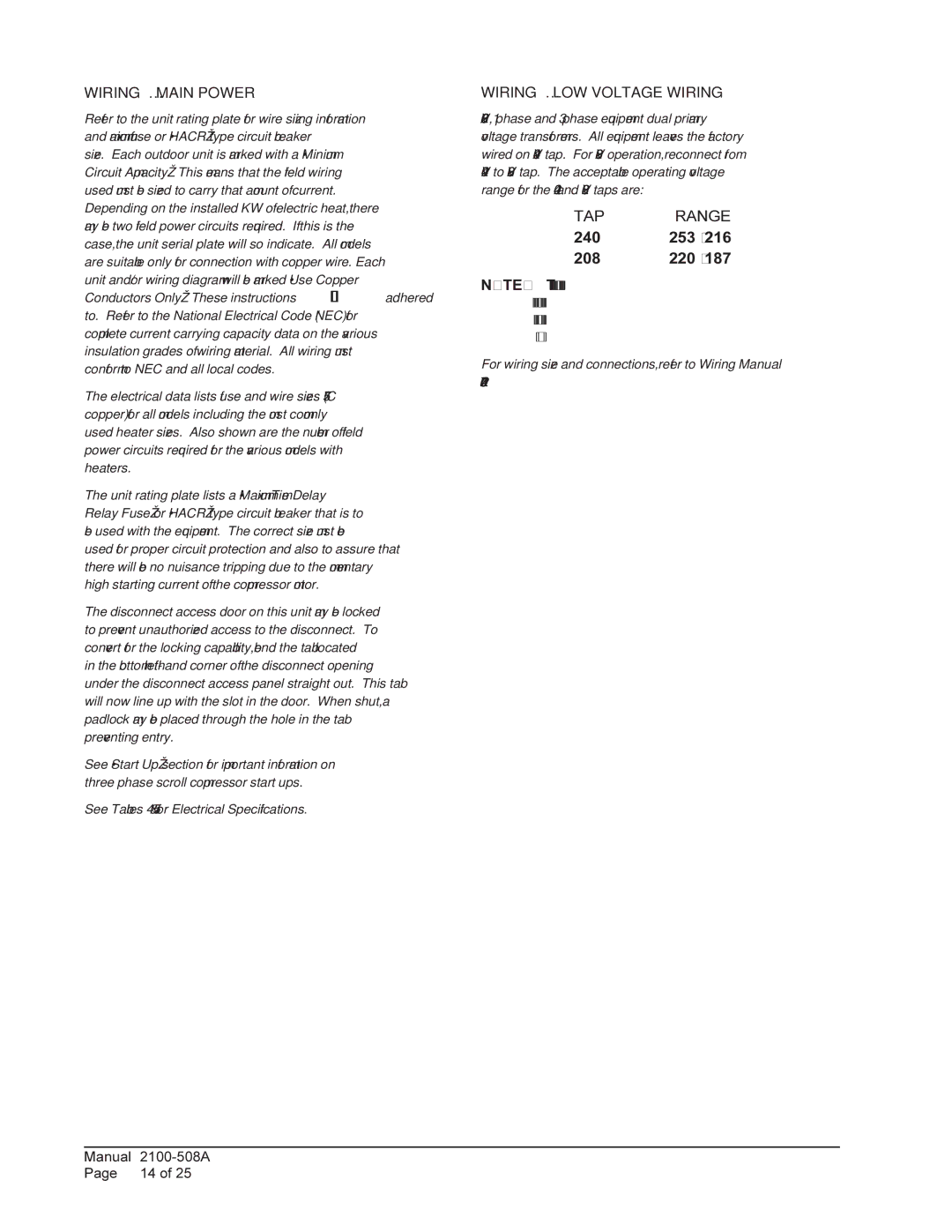 Bard W70L1, 1 W48A1, W42L, W70A1 installation instructions Wiring Main Power, Wiring LOW Voltage Wiring, TAP Range 