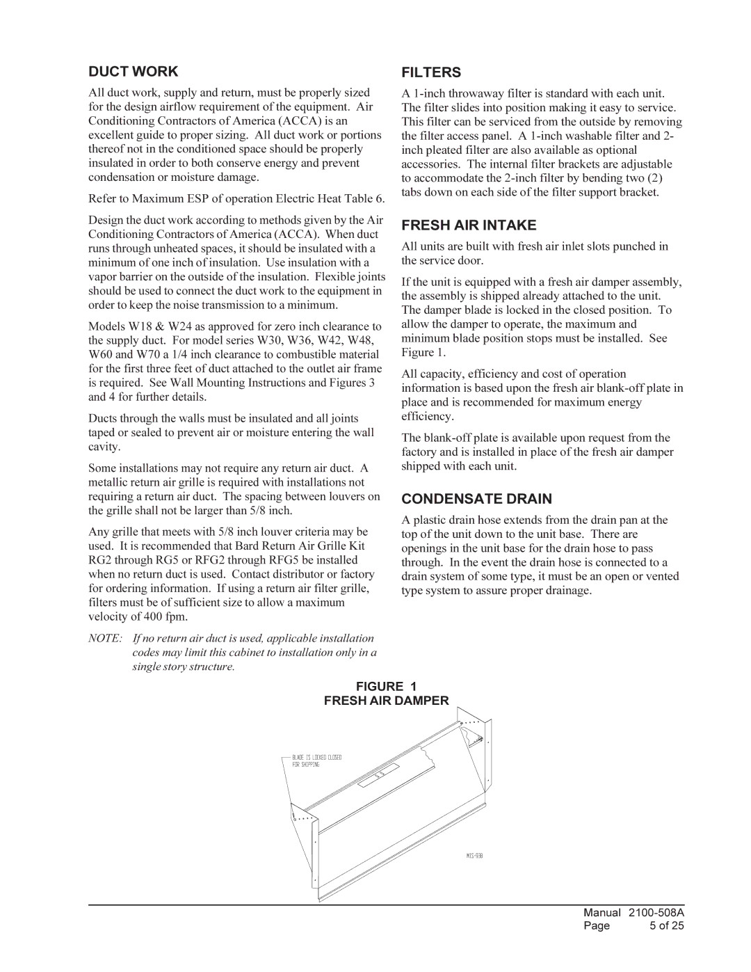 Bard W42L, 1 W48A1, W70L1, W70A1 Duct Work, Filters, Fresh AIR Intake, Condensate Drain, Fresh AIR Damper 