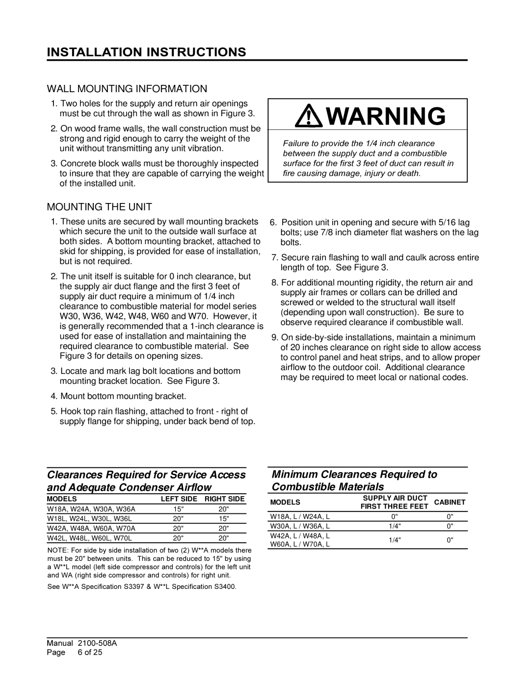 Bard W70L1, 1 W48A1, W42L, W70A1 installation instructions Wall Mounting Information, Mounting the Unit 