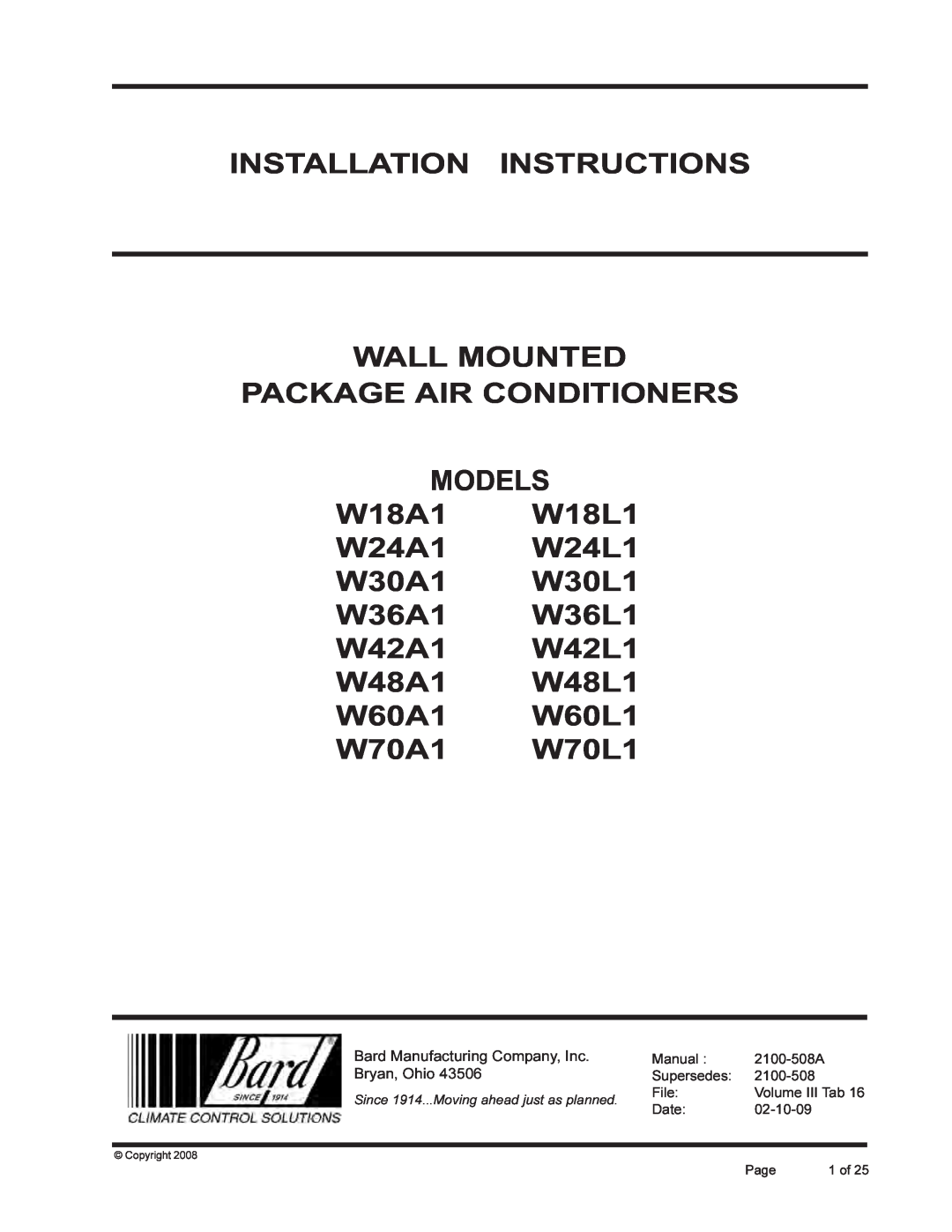 Bard W42L installation instructions Installation Instructions Wall Mounted, PACKAGE AIR CONDITIONERS MODELS W18A1 W18L1 