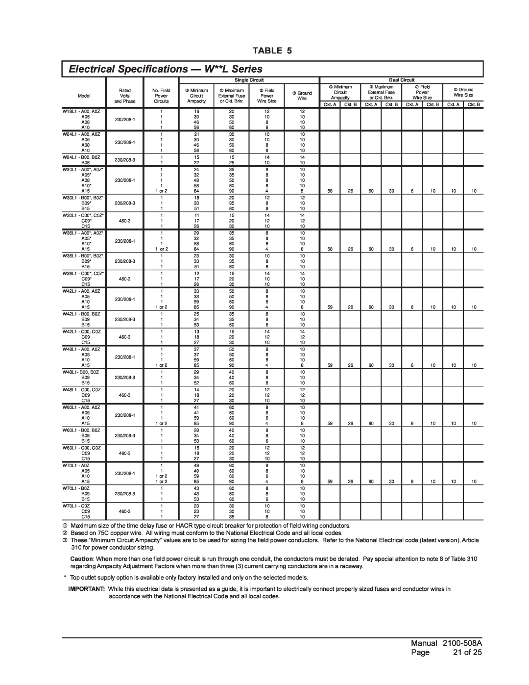 Bard W42L, 1 W48A1, W70L1, W70A1 Electrical Specifications - W**L Series, Manual, 2100-508A, Page, 21 of 