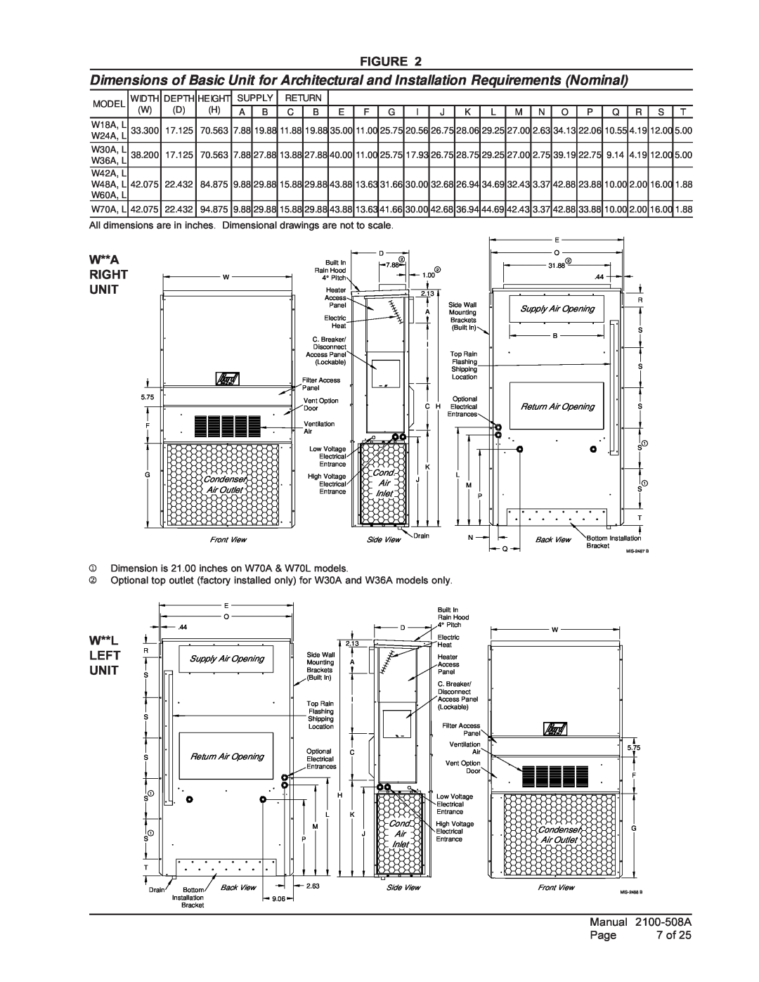 Bard W70A1, 1 W48A1, W42L, W70L1 installation instructions W**A Right W Unit, W**L Left Unit, Manual, 2100-508A, Page, 7 of 