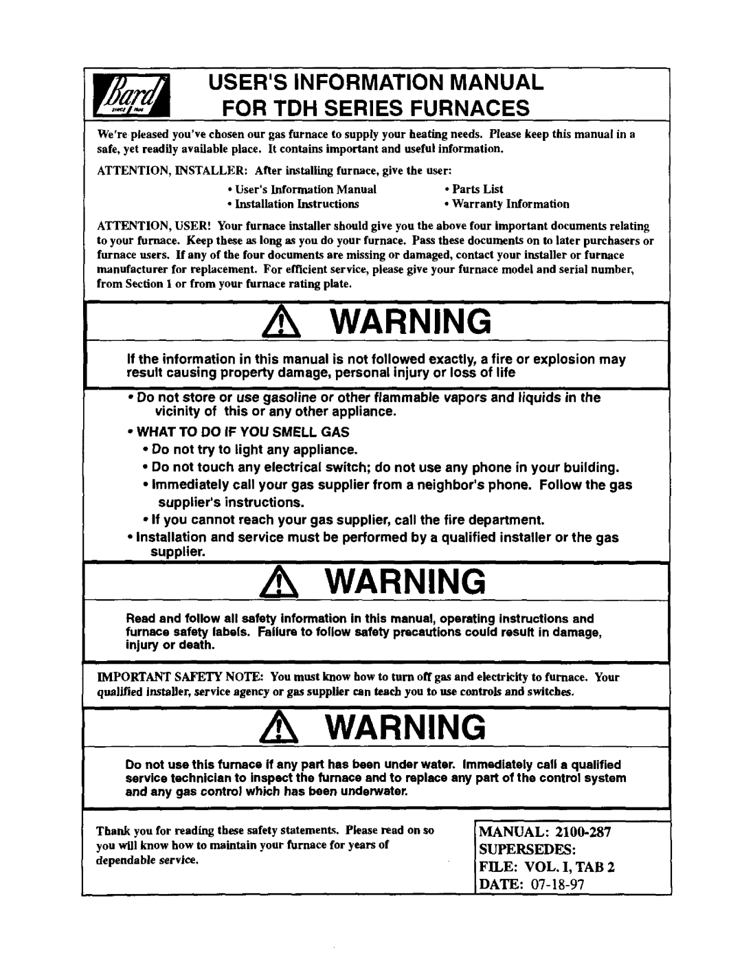 Bard 2100-287 manual 