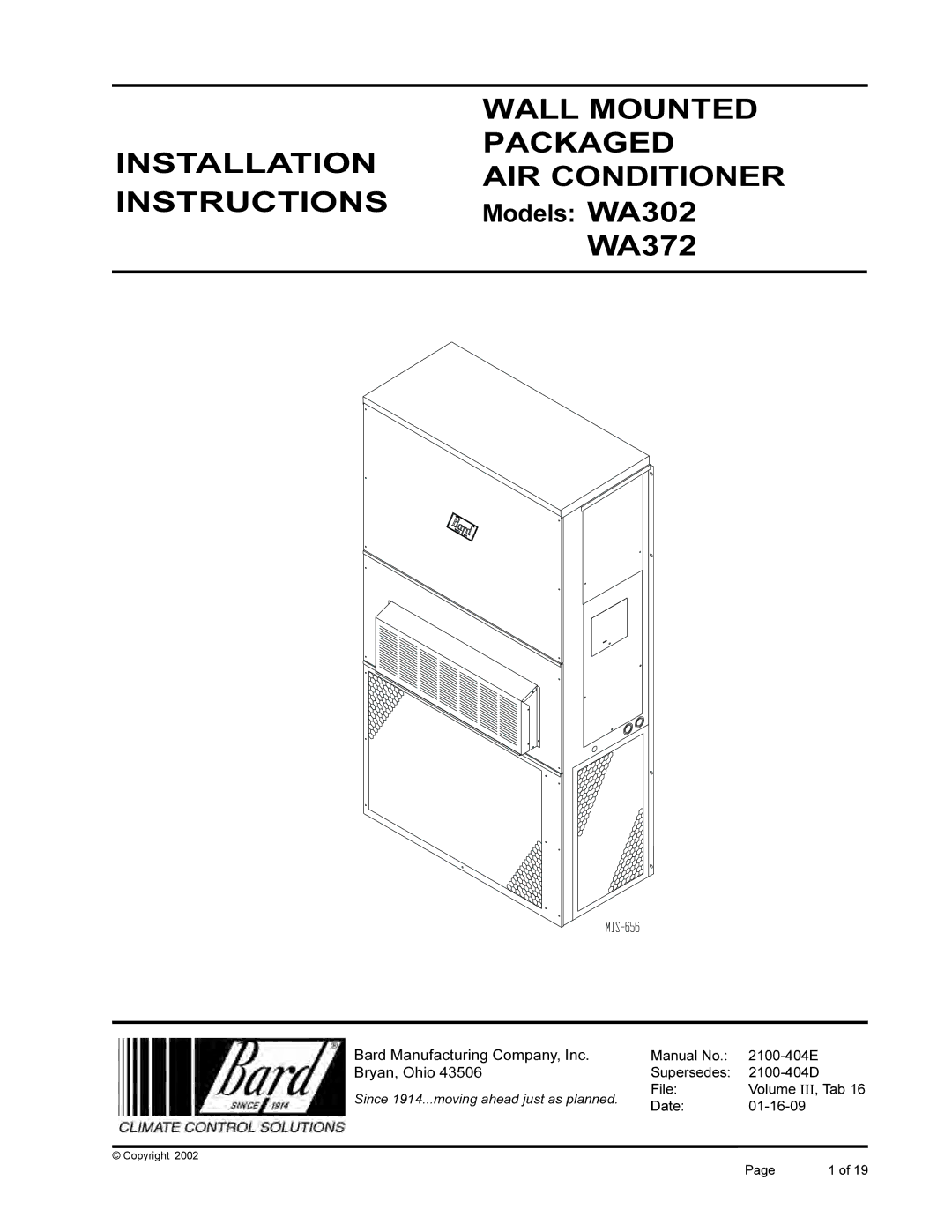 Bard 2100-404E installation instructions Wall Mounted 