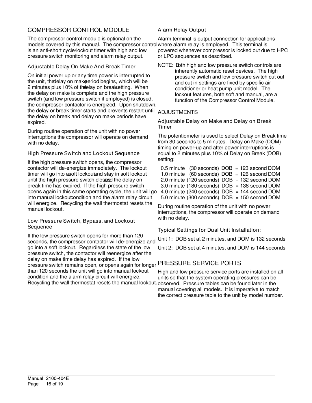 Bard 2100-404E installation instructions Compressor Control Module, Pressure Service Ports 