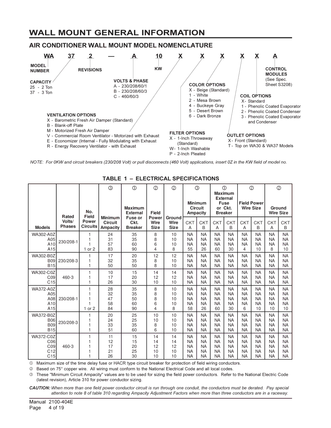 Bard 2100-404E Wall Mount General Information, AIR Conditioner Wall Mount Model Nomenclature, Electrical Specifications 