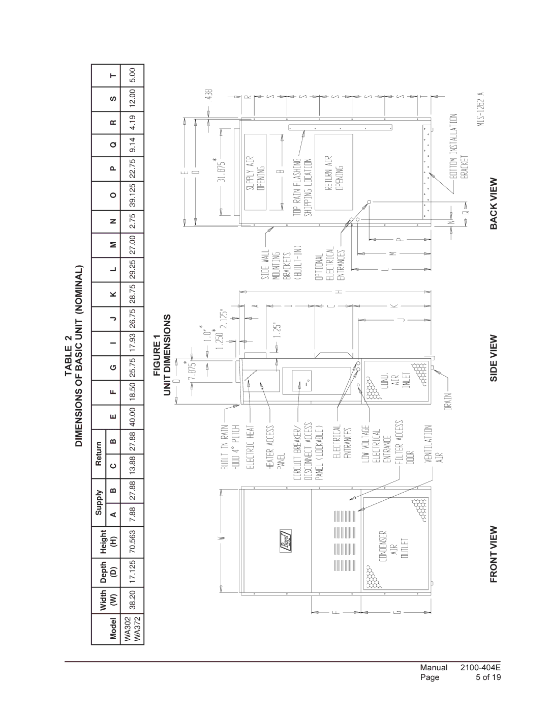 Bard 2100-404E installation instructions Dimensions of Basic Unit Nominal 