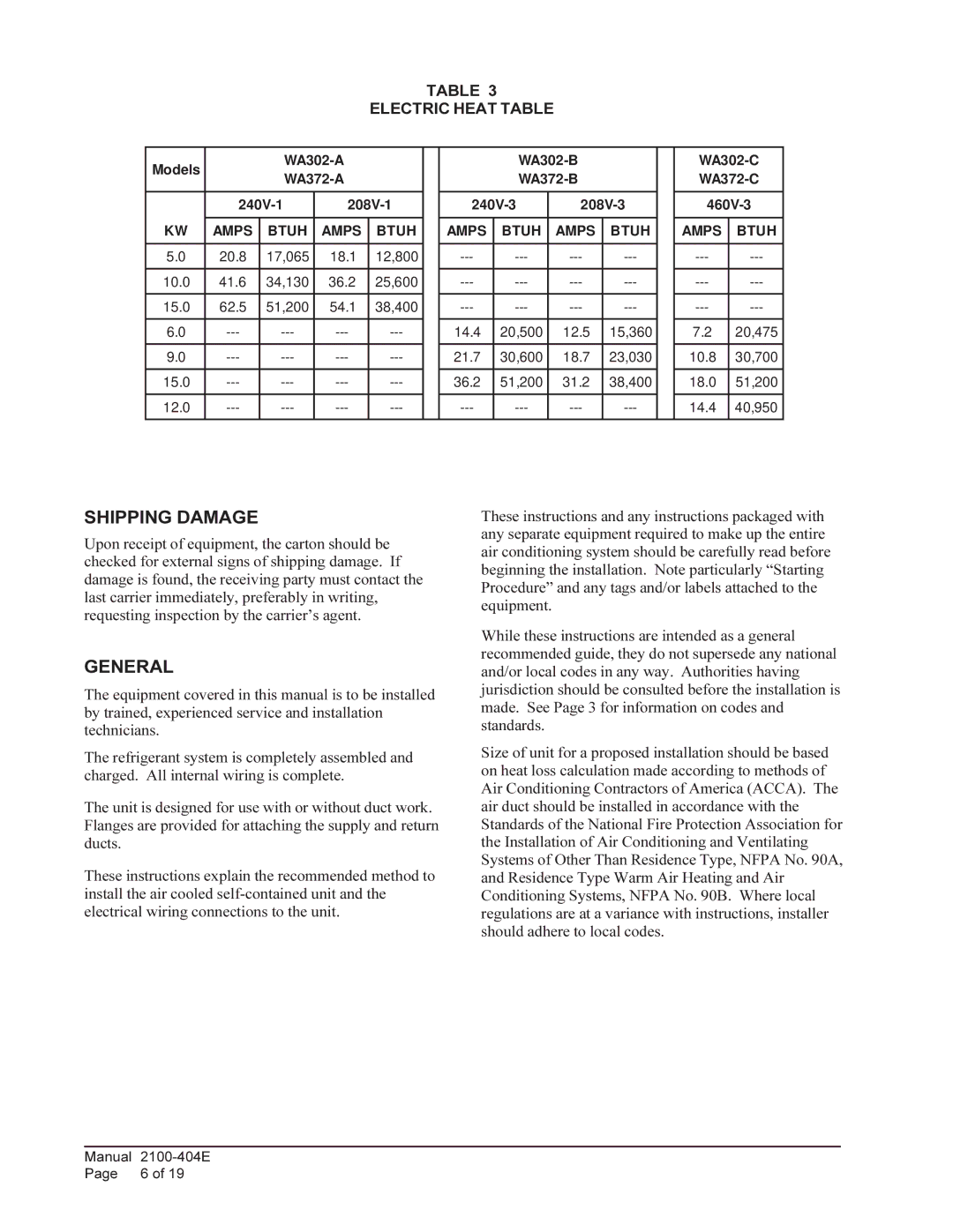 Bard 2100-404E installation instructions Shipping Damage, General, Electric Heat Table 