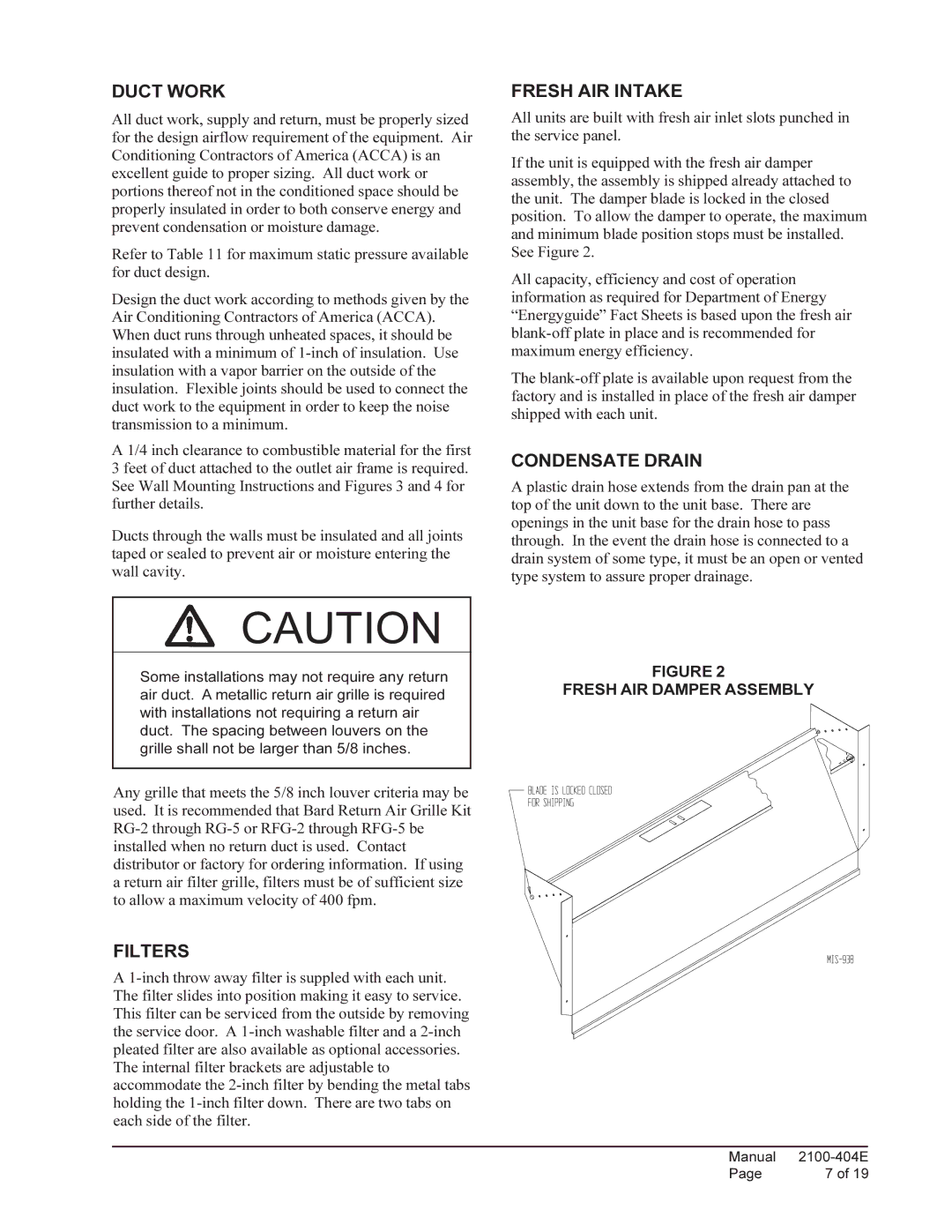 Bard 2100-404E installation instructions Duct Work, Filters, Fresh AIR Intake, Condensate Drain, Fresh AIR Damper Assembly 