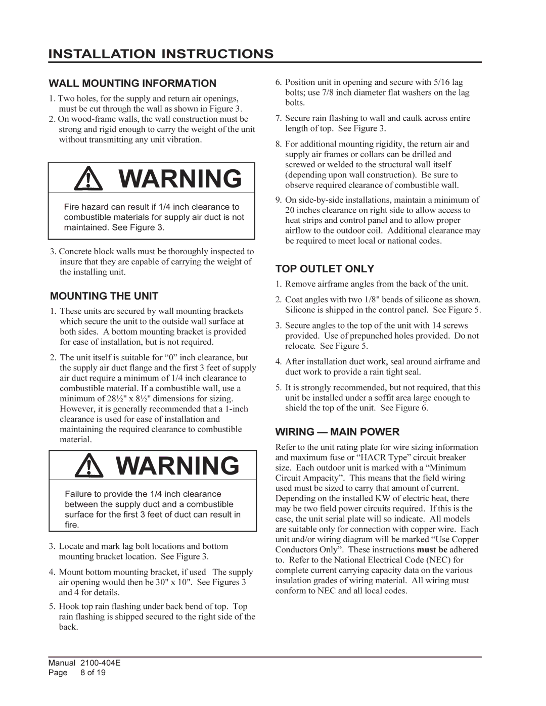 Bard 2100-404E Installation Instructions, Wall Mounting Information, Mounting the Unit, TOP Outlet only, Wiring Main Power 