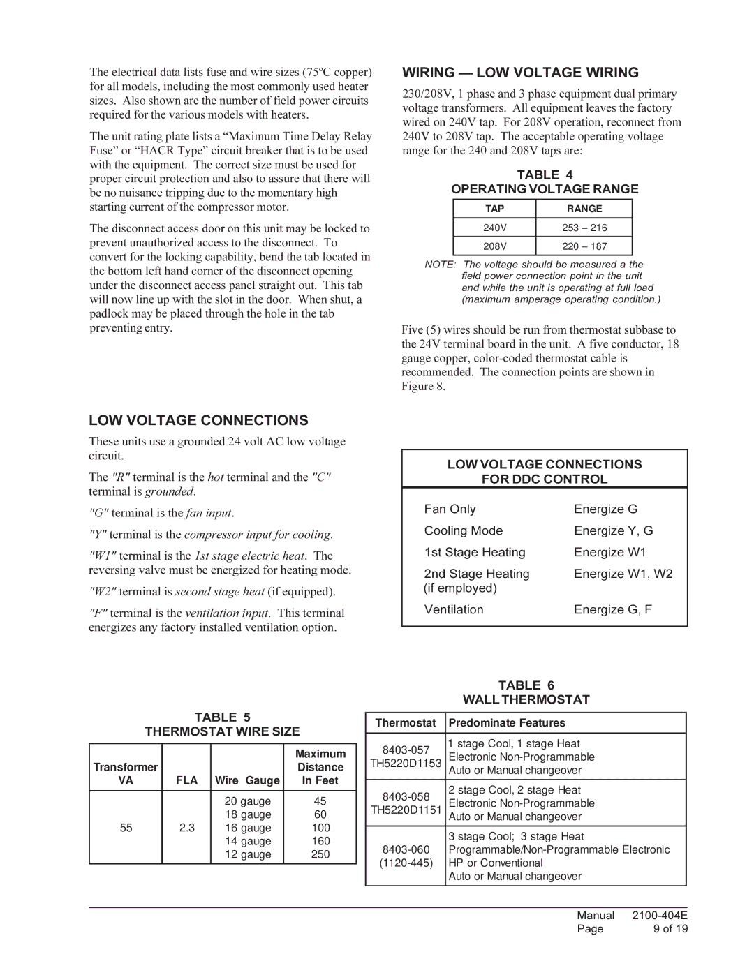 Bard 2100-404E installation instructions Wiring LOW Voltage Wiring, LOW Voltage Connections, Operating Voltage Range 