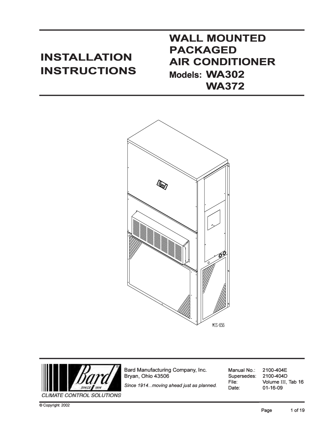 Bard 2100-404E installation instructions Wall Mounted, Installation, Packaged, Air Conditioner, Instructions, WA372, File 