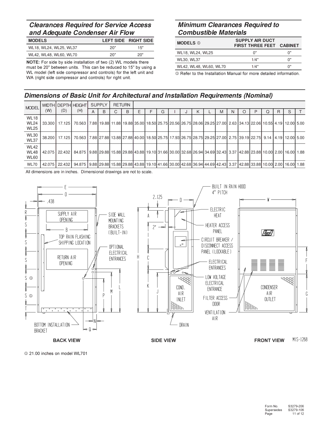 Bard 357-93-E manual Minimum Clearances Required to Combustible Materials 