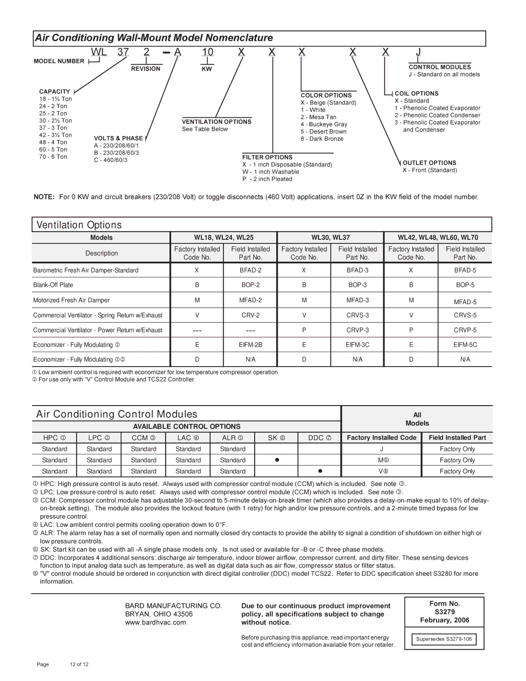 Bard 357-93-E manual Air Conditioning Wall-Mount Model Nomenclature WL 37, Capacity 