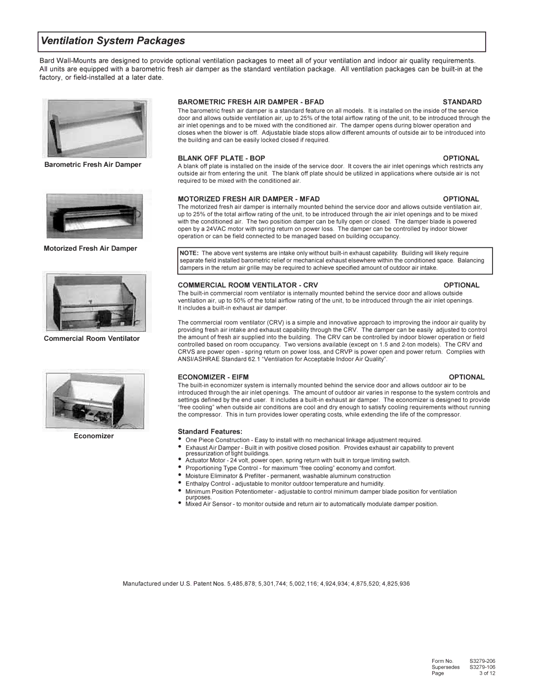 Bard 357-93-E manual Barometric Fresh AIR Damper Bfad Standard 