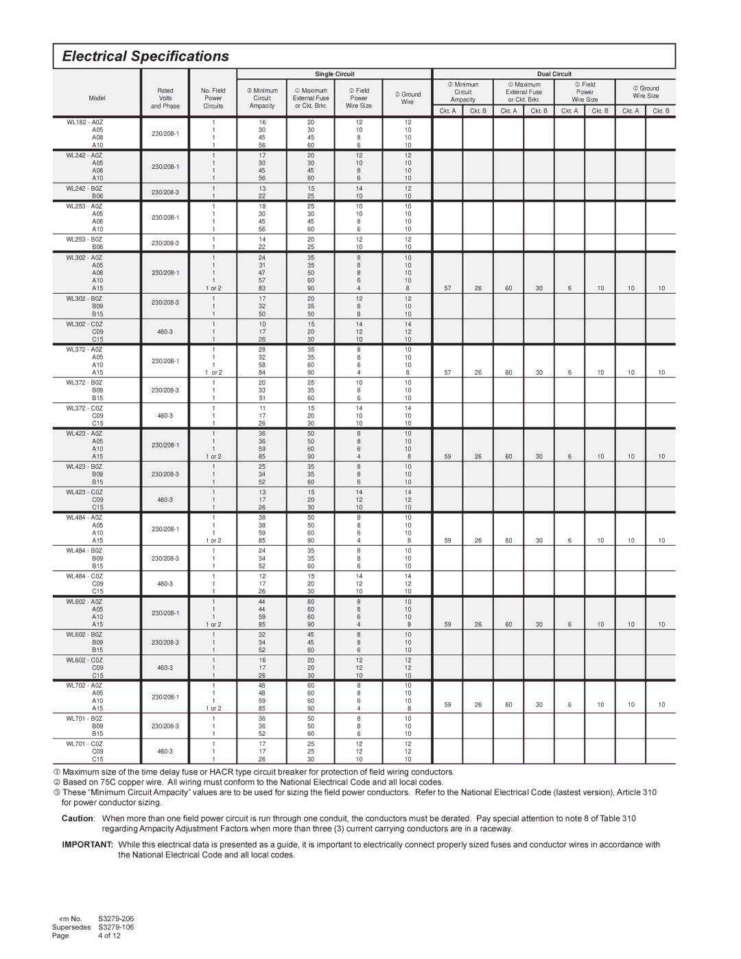 Bard 357-93-E manual Electrical Specifications, Single Circuit Dual Circuit 