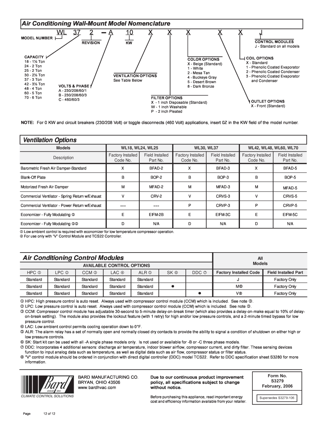 Bard 357-93-E manual Air Conditioning Wall-MountModel Nomenclature, Wl, Models, WL18, WL24, WL25, WL30, WL37 
