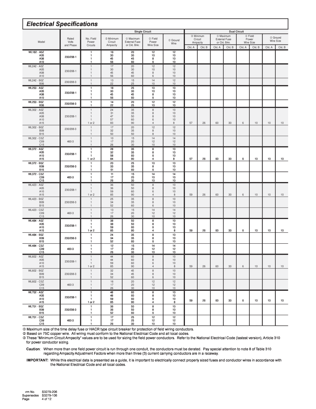 Bard 357-93-E manual Electrical Specifications, Form No, S3279-206, Supersedes, S3279-106, Page, 4 of 