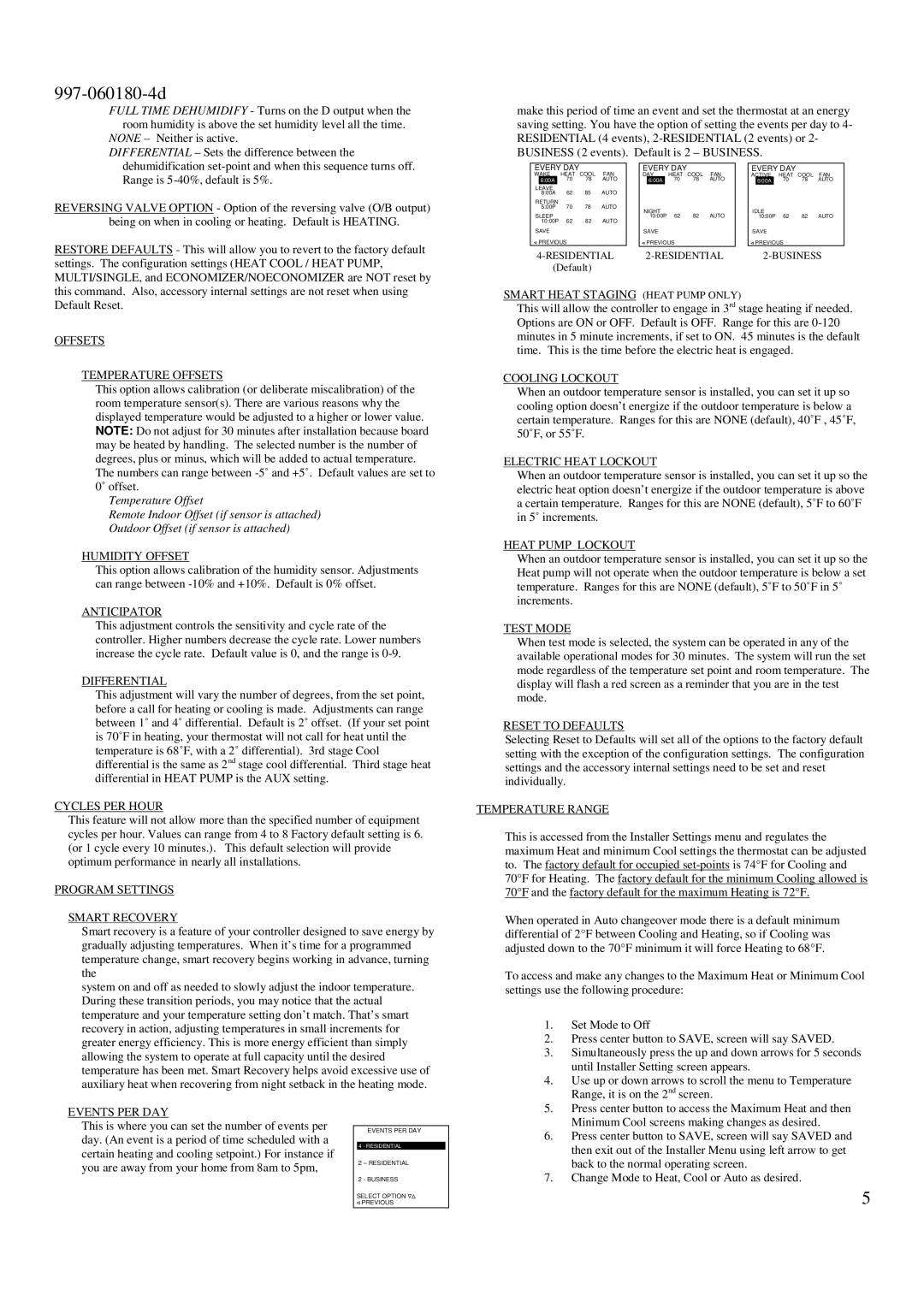 Bard 8403-060 Offsets Temperature Offsets, Humidity Offset, Anticipator, Cycles PER Hour, Program Settings Smart Recovery 