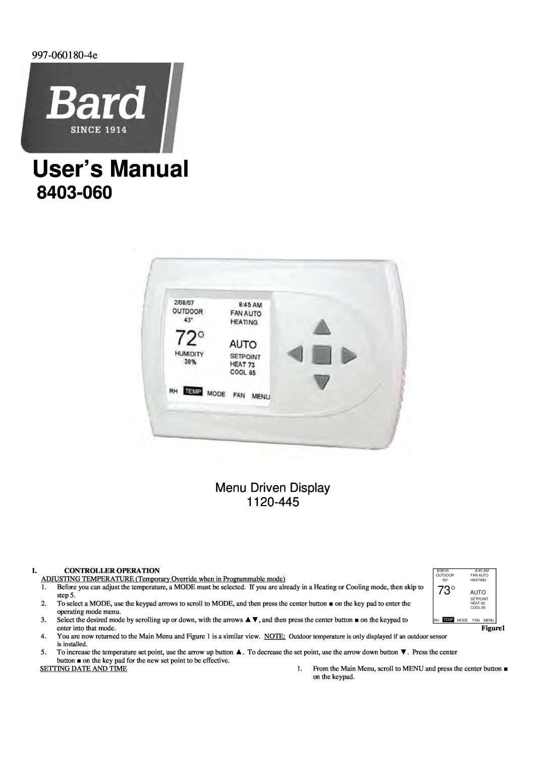 Bard 8403-060 user manual 997-060180-4e, User’s Manual, Menu Driven Display 1120-445, I. Controller Operation 