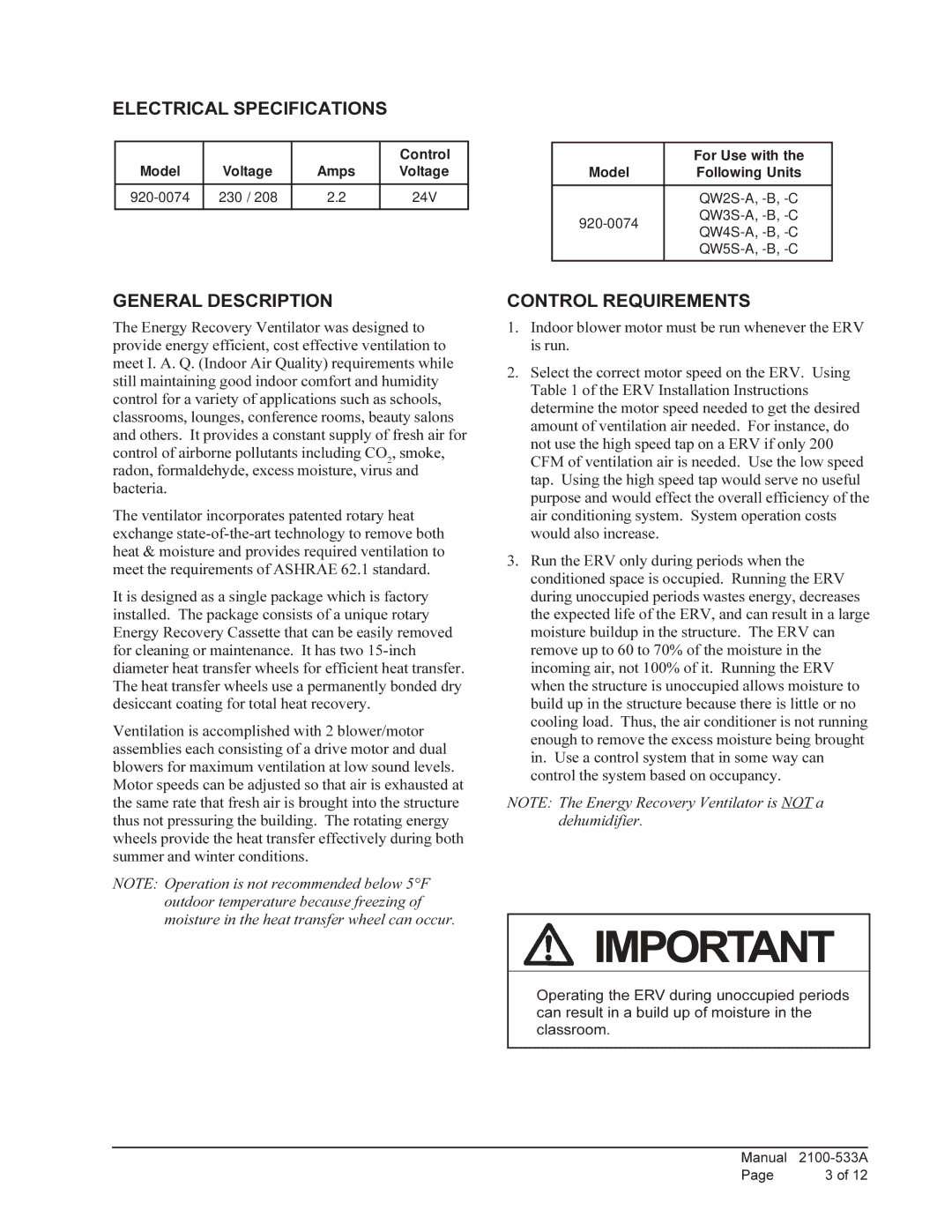 Bard 920-0074 qwserv manual Electrical Specifications, General Description, Control Requirements 