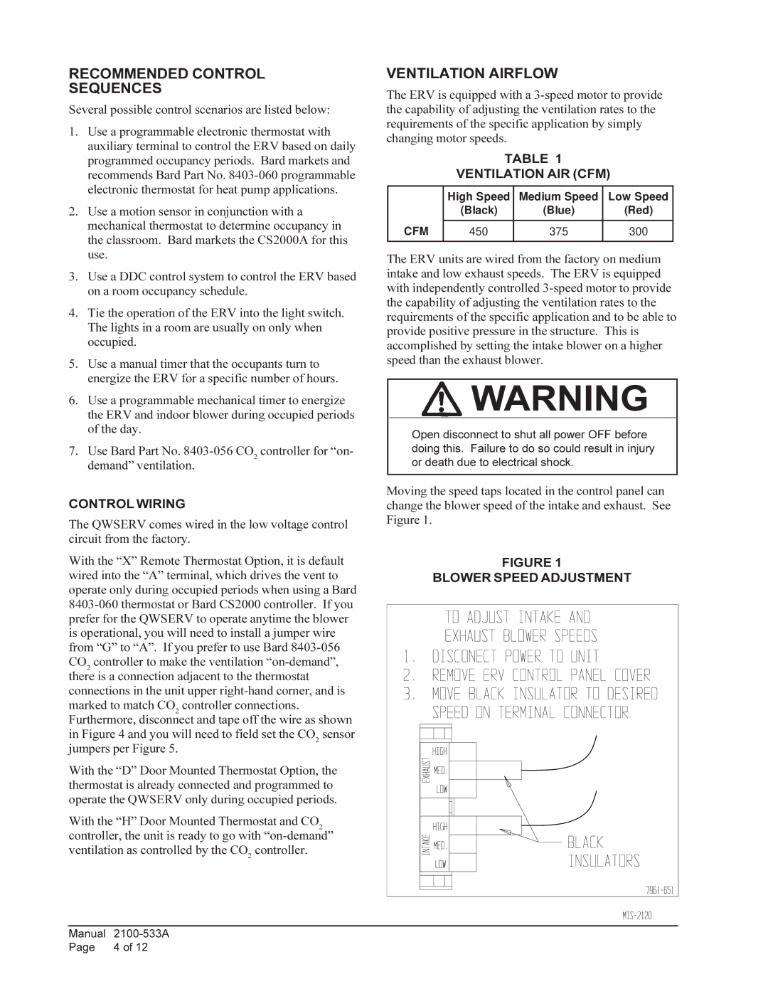 Bard 920-0074 qwserv manual Recommended Control Sequences, Ventilation Airflow, Control Wiring, Ventilation AIR CFM 