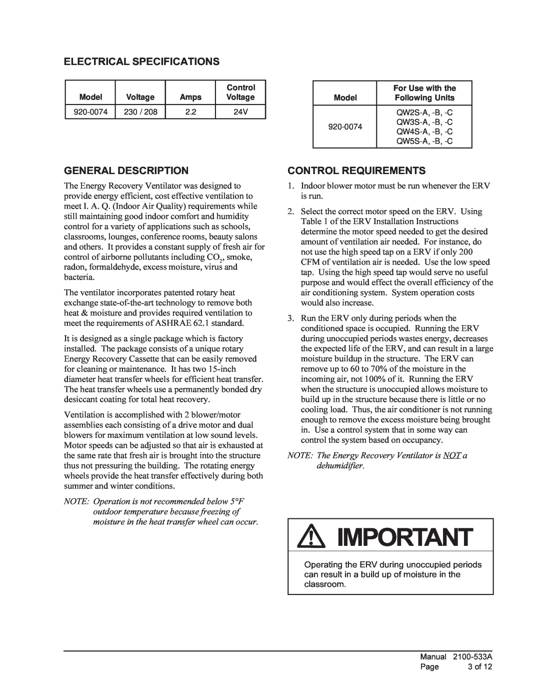 Bard 920-0074 qwserv manual Electrical Specifications, General Description, Control Requirements 