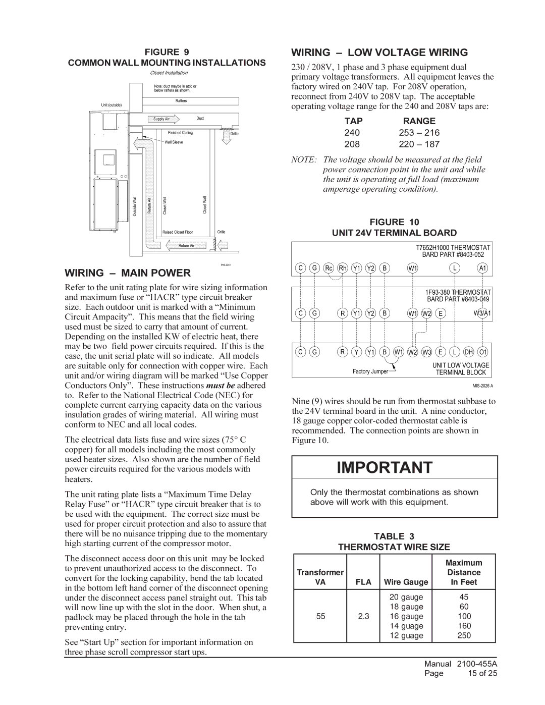 Bard CH4S1, CH5S1 Wiring Main Power, Wiring LOW Voltage Wiring, TAP Range, Unit 24V Terminal Board, Thermostat Wire Size 