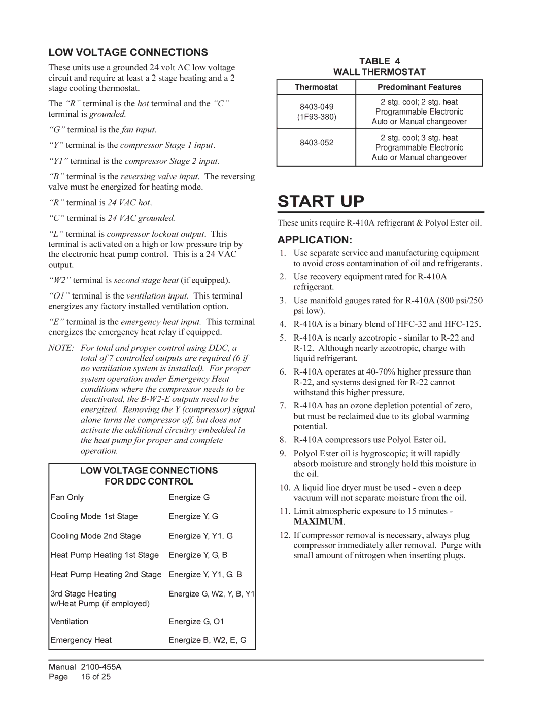 Bard CH5S1, CH4S1, CH3S1 Start UP, Application, LOW Voltage Connections For DDC Control, Wall Thermostat 