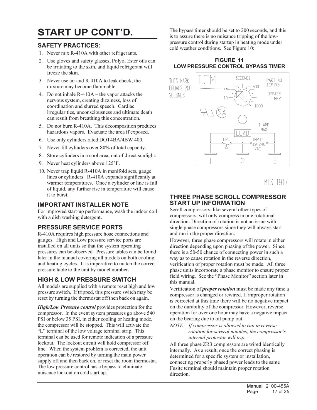 Bard CH3S1, CH4S1, CH5S1 installation instructions Start UP CONT’D 