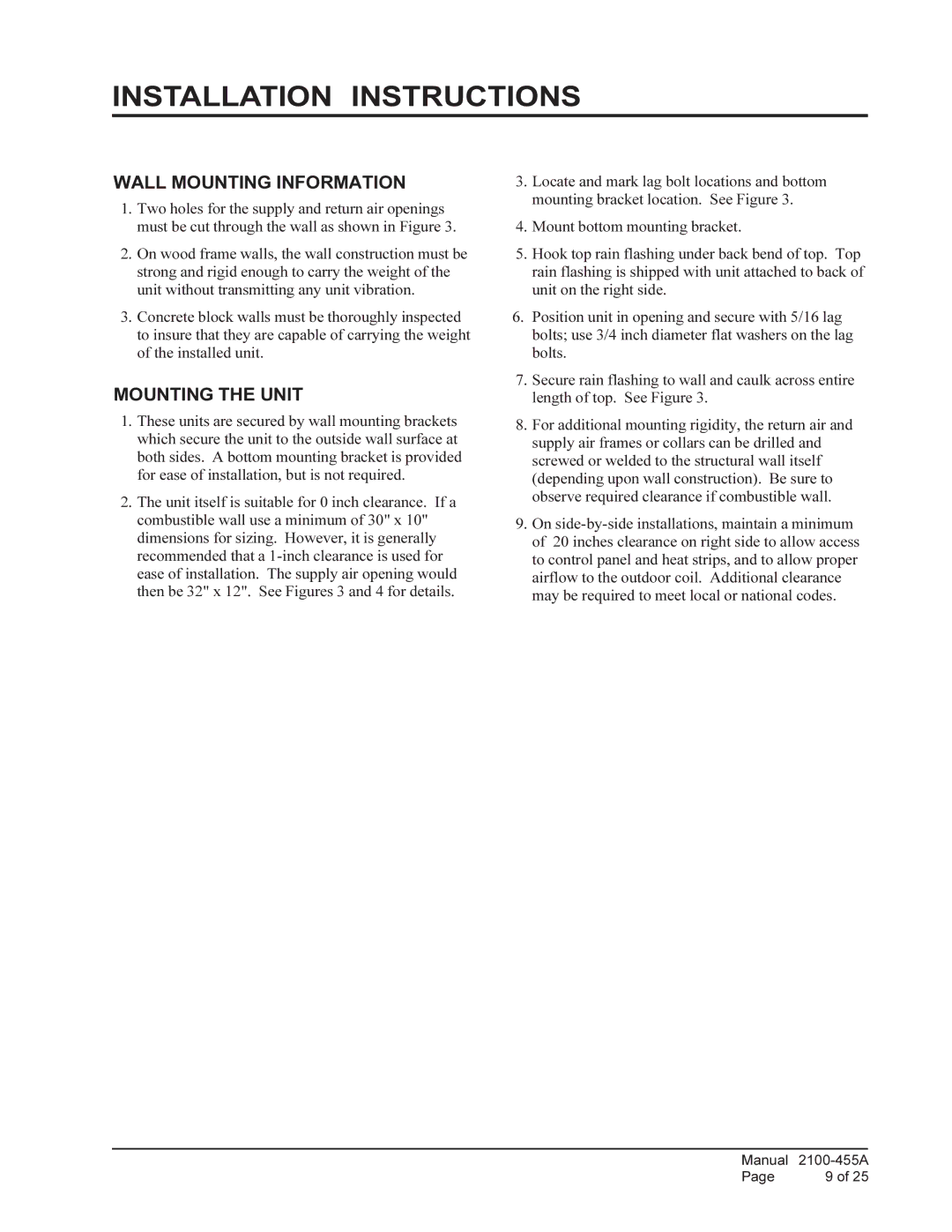 Bard CH4S1, CH5S1, CH3S1 installation instructions Installation Instructions, Wall Mounting Information, Mounting the Unit 