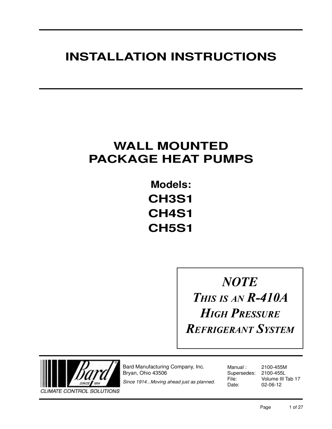 Bard installation instructions CH3S1 CH4S1 CH5S1, Models 