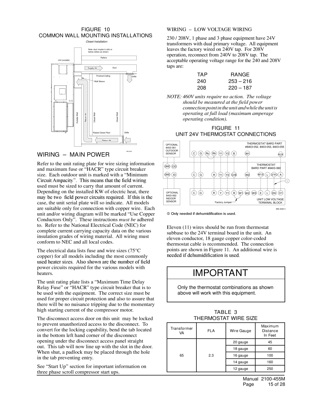 Bard CH4S1, CH5S1, CH3S1 installation instructions Wiring Main Power, TAP Range, Thermostat Wire Size 