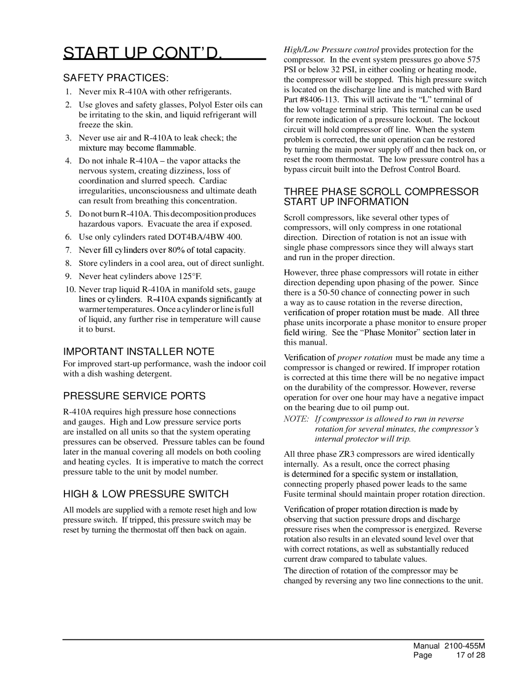 Bard CH3S1, CH4S1, CH5S1 installation instructions Start UP cont’d, Important Installer Note, Pressure Service Ports 