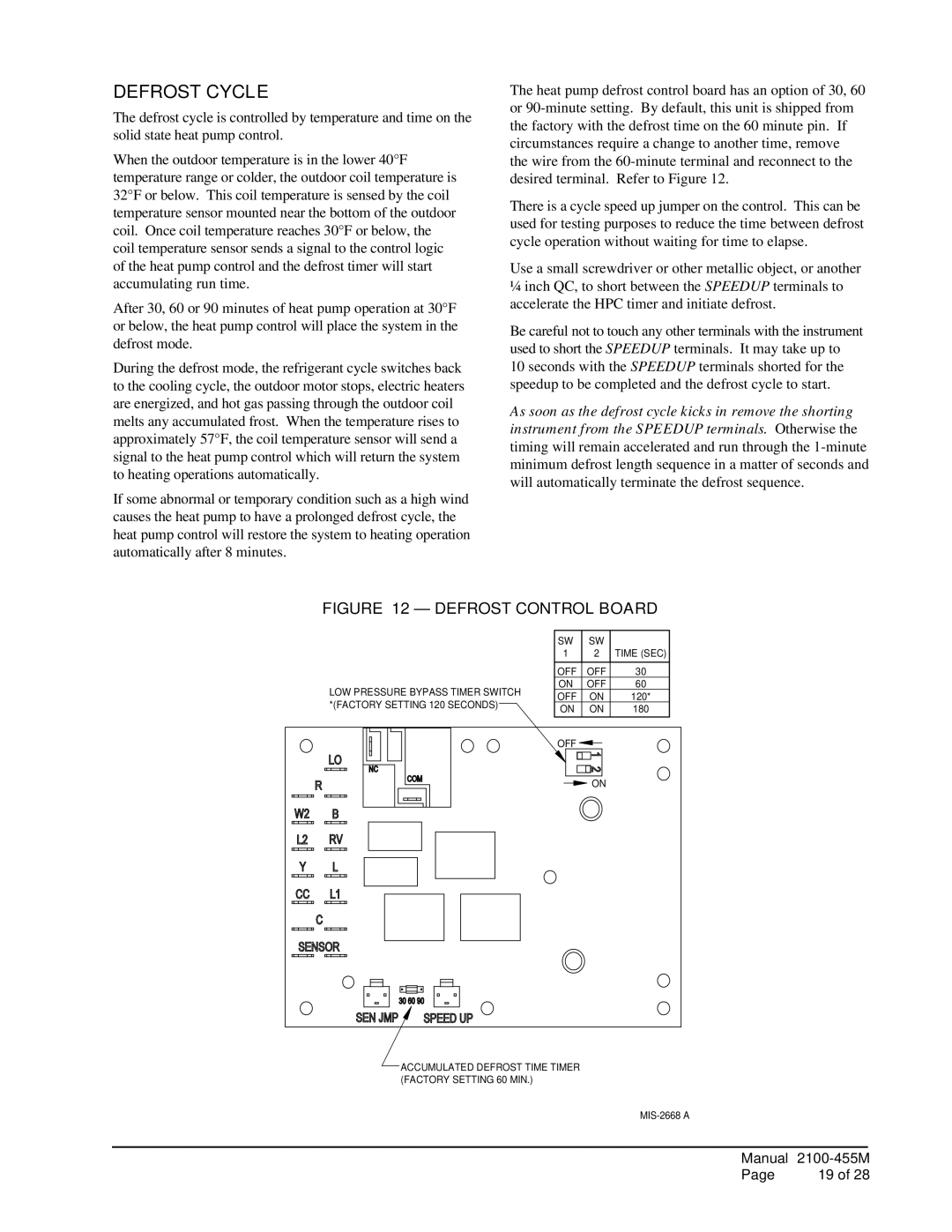 Bard CH5S1, CH4S1, CH3S1 installation instructions Defrost Cycle, Defrost Control Board 