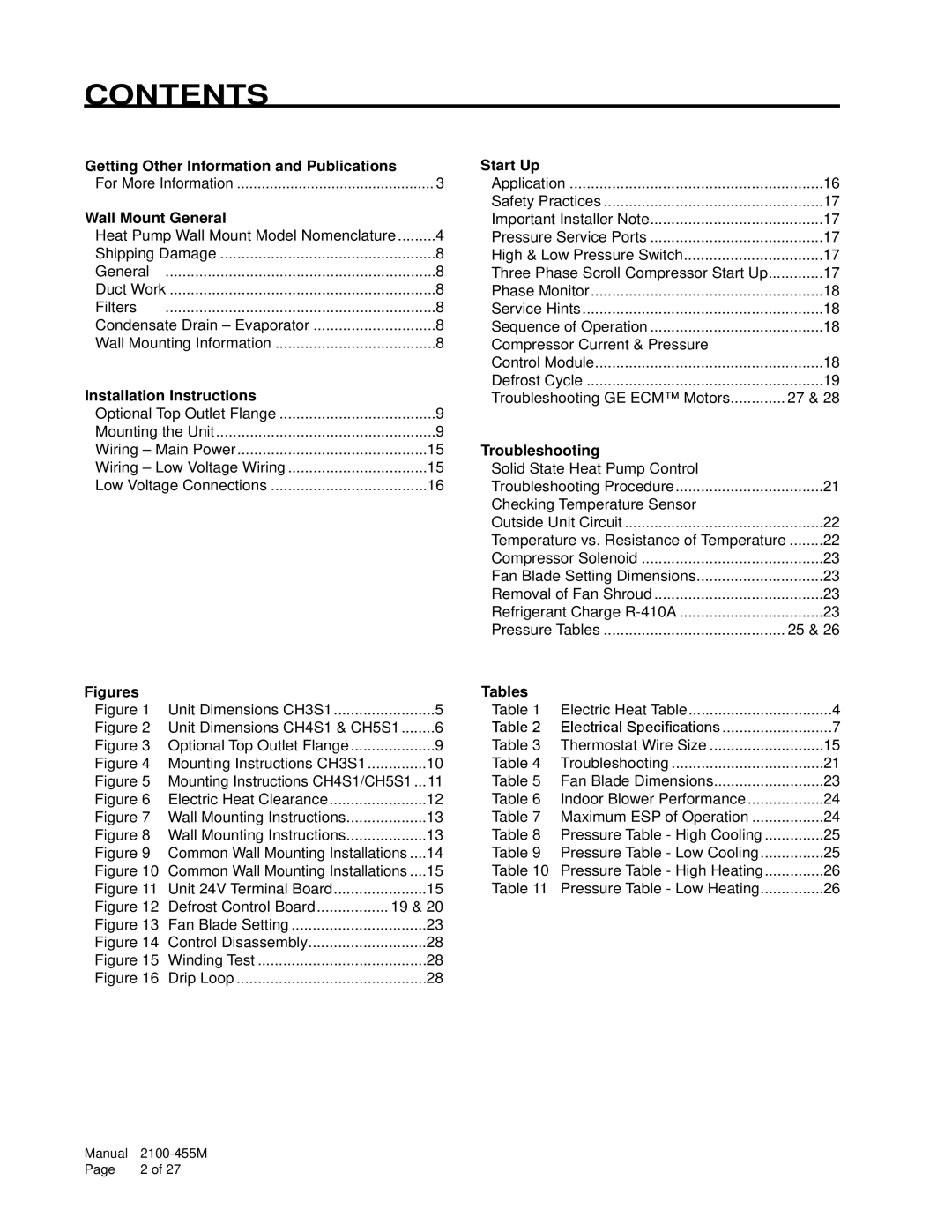 Bard CH3S1, CH4S1, CH5S1 installation instructions Contents 