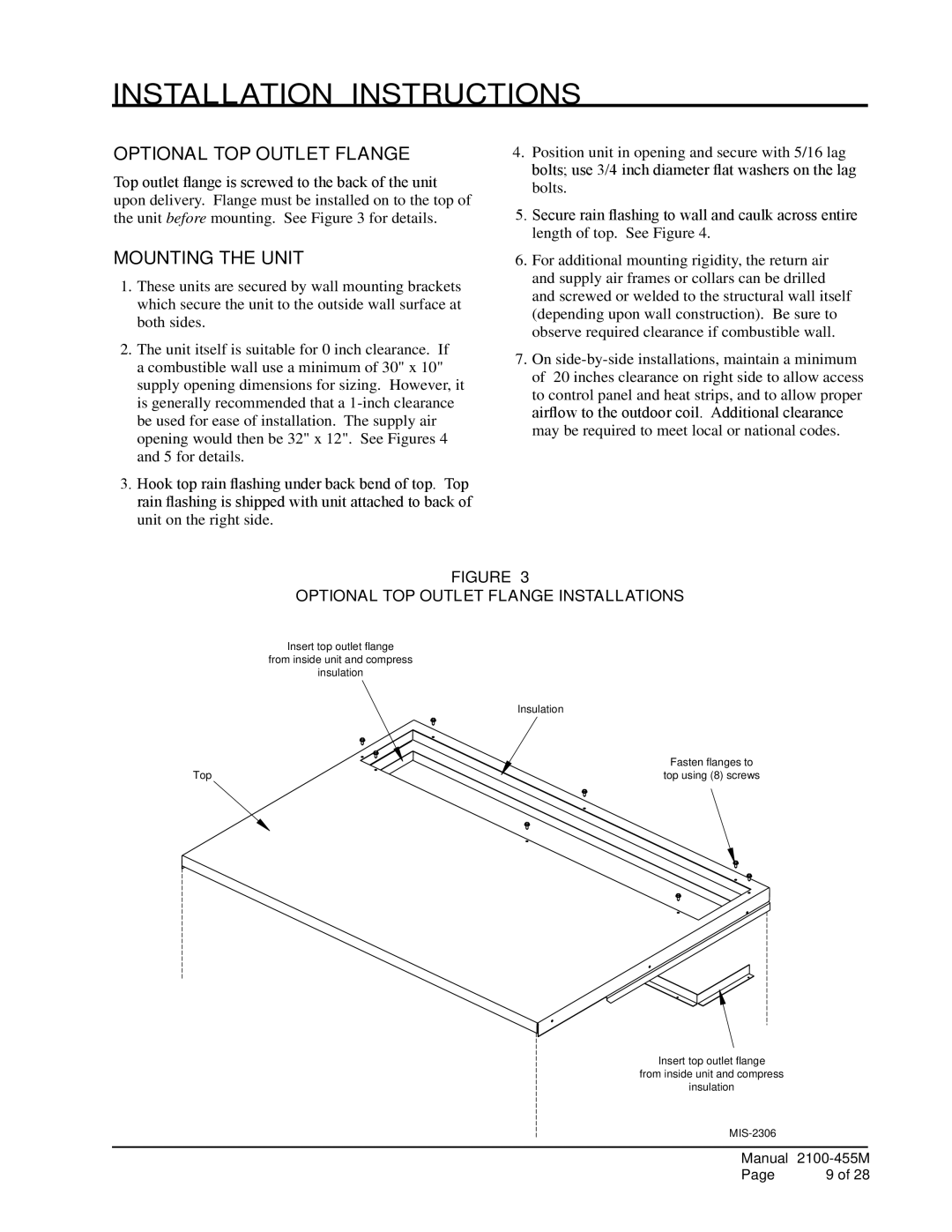 Bard CH4S1, CH5S1, CH3S1 installation instructions OPTiOnal top outlet flange, Mounting the Unit 