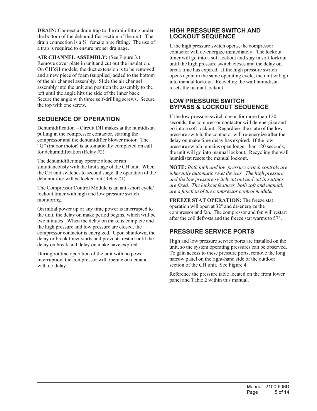 Bard CH3S1 Sequence of Operation, High Pressure Switch and Lockout Sequence, LOW Pressure Switch Bypass & Lockout Sequence 