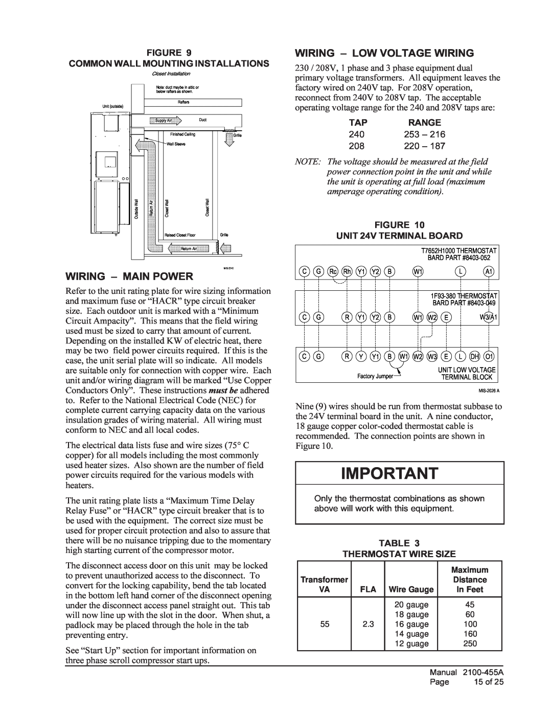 Bard CH4S1, CH5S1, CH3S1 installation instructions Wiring - Main Power, Wiring - Low Voltage Wiring 