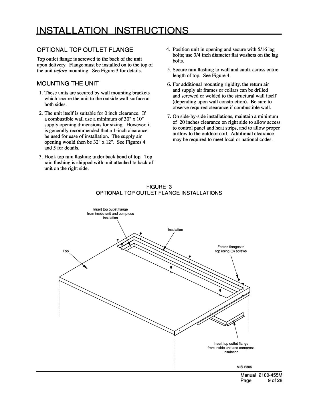 Bard CH4S1, CH5S1, CH3S1 installation instructions Installation Instructions, OPTiOnal top outlet flange, Mounting The Unit 