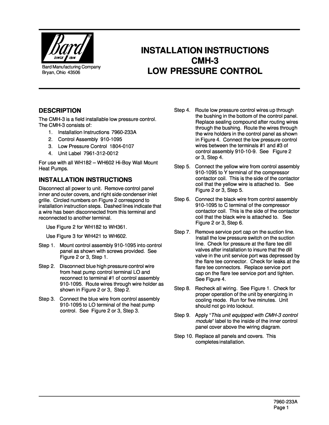 Bard installation instructions INSTALLATION INSTRUCTIONS CMH-3, Low Pressure Control, Description 
