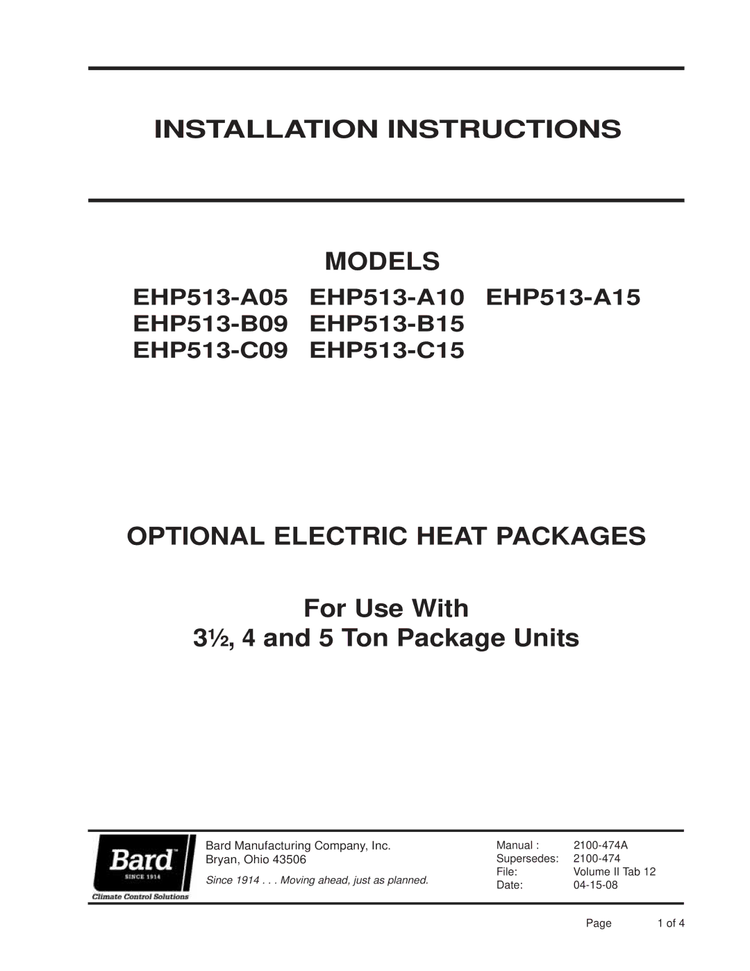 Bard EHP513-B09, EHP513-C15, EHP513-C09, EHP513-B15, EHP513-A15 installation instructions Installation Instructions Models 