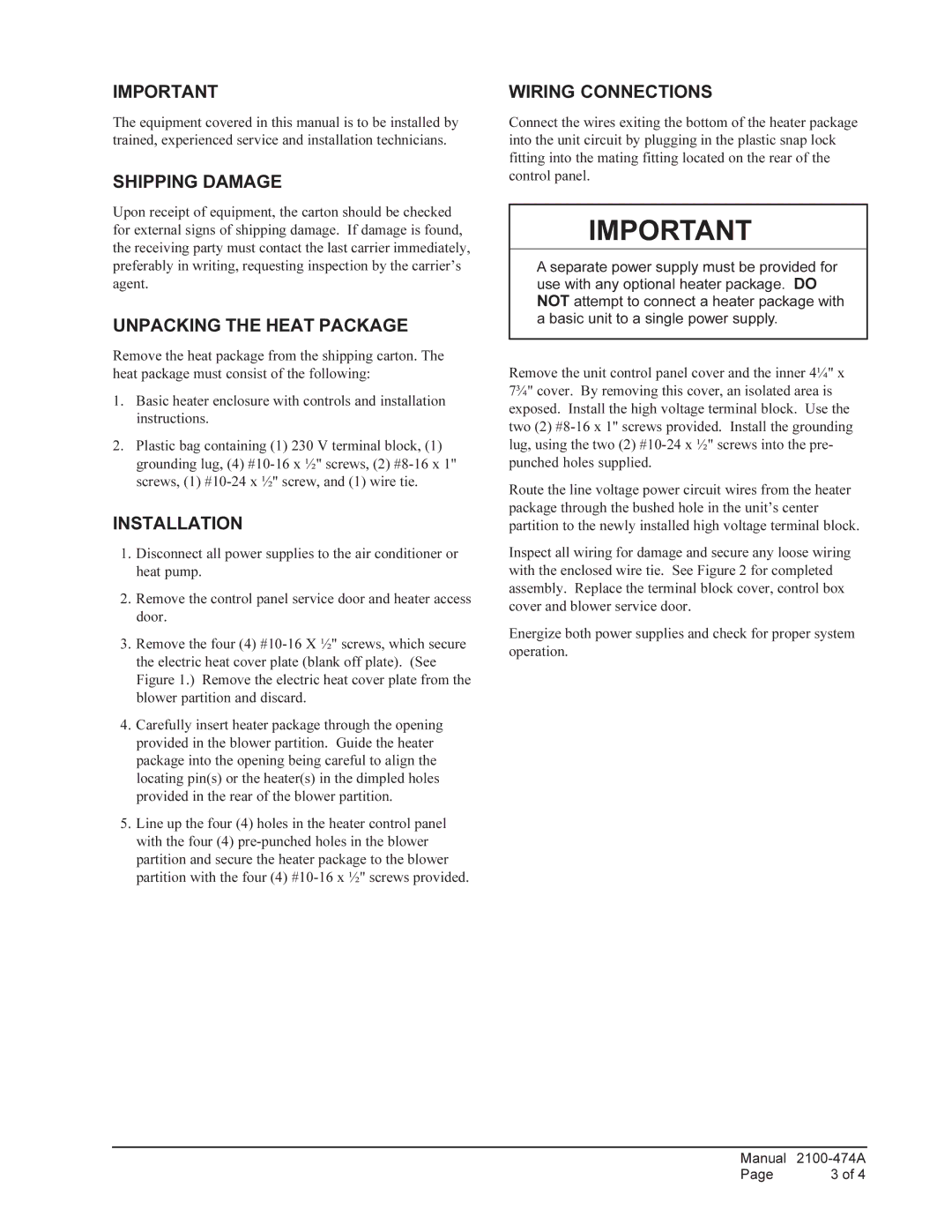 Bard EHP513-B15, EHP513-C15, EHP513-B09, EHP513-C09, EHP513-A15, EHP513-A05, EHP513-A10 installation instructions Shipping Damage 