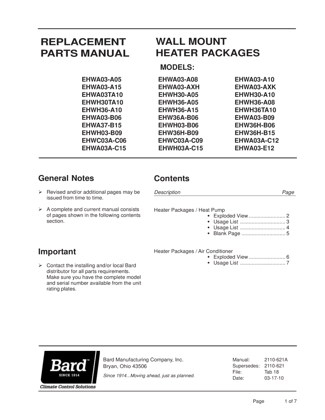 Bard EHWH36-A05, EHWH36-A15, EHWH36-A10, EHWH36TA10, EHWA03-AXH manual Replacement Wall Mount Parts Manual Heater Packages 