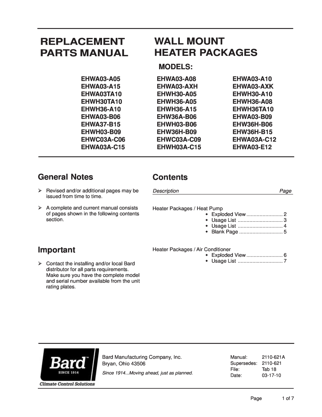 Bard EHWH36-A05, EHWH36-A15 manual Replacement, Wall Mount, Parts Manual, Heater Packages, General Notes, Contents, Models 